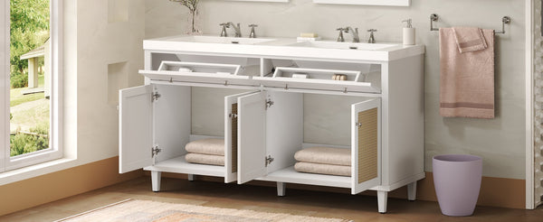 English Elm Christopher Knight Home® - 60 Inch Bathroom Vanity with Double Sinks SMC, Rattan Doors, Soft-Close Drawers, Stable Pine Legs White N817P296140W