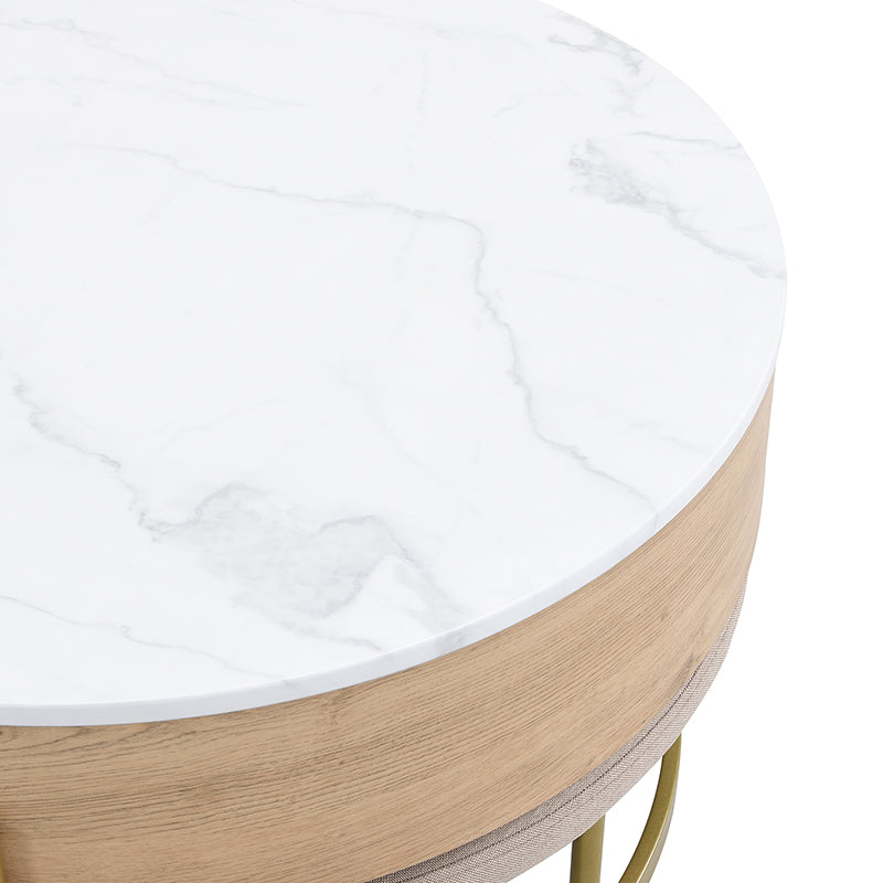 English Elm Modern Round Lift-Top Coffee Table with Hidden Storage and Three Stowable Ottomans for Small Spaces Natural,White CH265770AAK