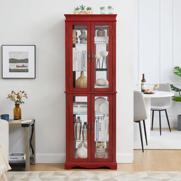 English Elm Lighted Glass Curio Display Cabinet – Elegant Cherry Wood Frame With Adjustable Shelves & Bulb Included W1758P300134