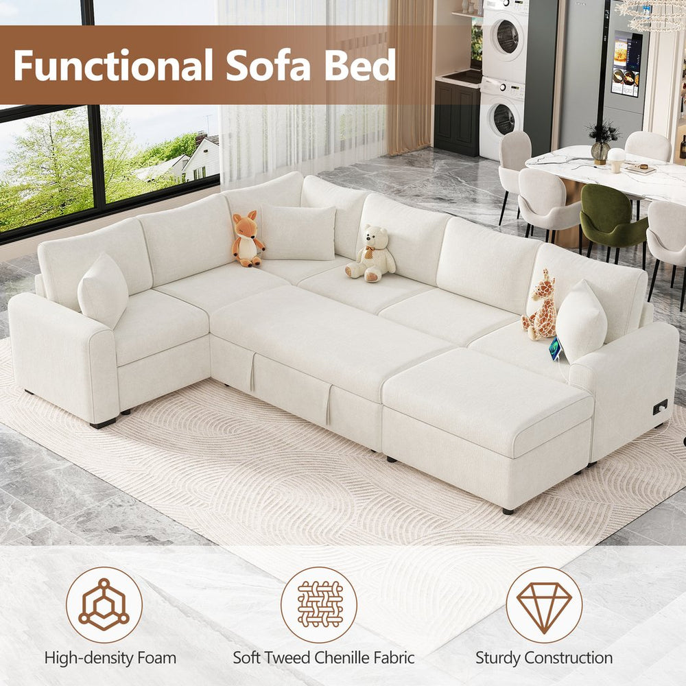 English Elm 112.2" Sectional Sofa Pull-Out Bed with Storage Ottoman, USB Charging, Pocket Spring Comfort, Tweed Chenille Upholstery Cream N719S001540A