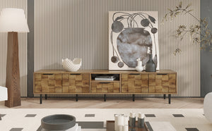 English Elm 78" TV Stand Checkered Natural Wood Finish with Soft-Close Doors, Deep Drawer & Open Shelf Storage N710P293272P