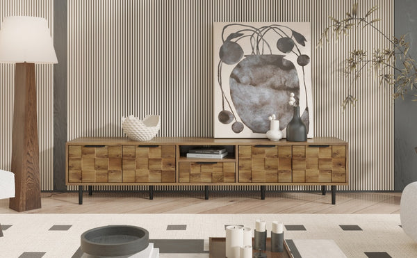 English Elm 78" TV Stand Checkered Natural Wood Finish with Soft-Close Doors, Deep Drawer & Open Shelf Storage N710P293272P