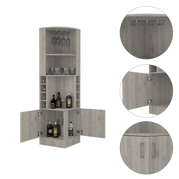 English Elm Syrah Corner Bar Cabinet with 8 Bottle Cubbies, Double Doors, Glass Rack and Display Nook Light Gray 46 L x 23 W x 7 H B200P242413