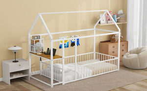English Elm Twin House Bed Frame with Roof & Fence, Metal Twin Loft with Built-In Desk Shelves USB Outlets White N737P173490K