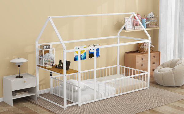 English Elm Twin House Bed Frame with Roof & Fence, Metal Twin Loft with Built-In Desk Shelves USB Outlets White N737P173490K