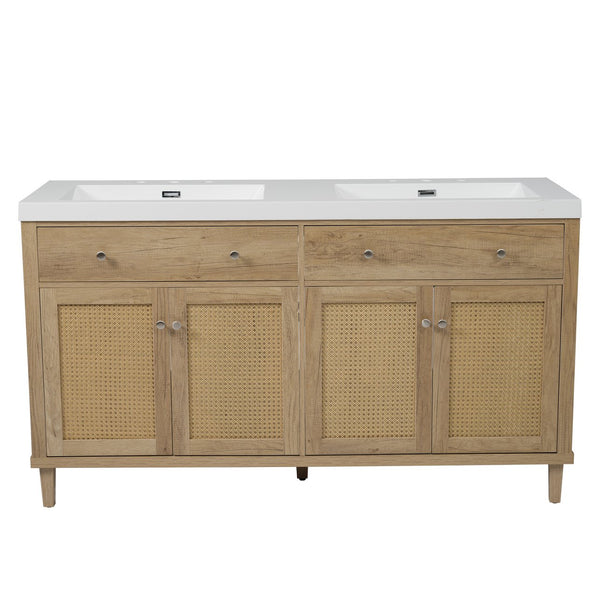 English Elm Christopher Knight Home® - 60 Inch Bathroom Vanity with Double Sinks SMC, Rattan Doors, Soft-Close Drawers, Stable Pine Legs Wood N817P296140N