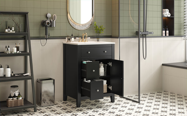 English Elm 24" Modern Bathroom Vanity with Ceramic Basin, French Country Cross-Grid Design & Soft-Close Drawers Black N710P280655B