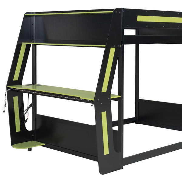 English Elm Full-size Gaming Loft Bed with Integrated Rgb Desk Usb Ports and Esports Frame Green LT000239AAG