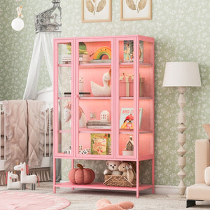 English Elm 67.25'' Tall Steel Curio Cabinet with Led Lighting and Tempered Glass Panels Pink SN845P263995P