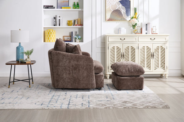 English Elm 360° 360 Swivel Oversized Chenille Armchair with Pocket Spring Seat and Three Throw Pillows Brown W1361S00049