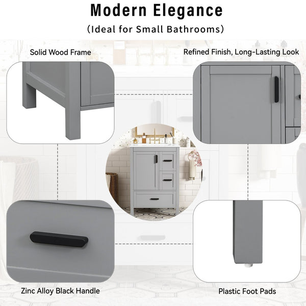 English Elm Modern 24 Inch Bathroom Vanity Solid Wood Cabinet with Ceramic Sink and Soft Close Storage Gray N729P292859E