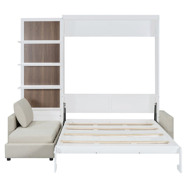 English Elm Queen Wall Bed with Linen Sofa and Open Shelving for Studio or Guest Room LP000592AAK-1