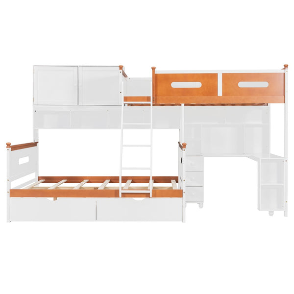 English Elm Twin Over Full Wooden Bunk Bed With Desk, Storage Drawers, Shelves & Led Lights - Stylish & Functional N820S00064K-GIGA