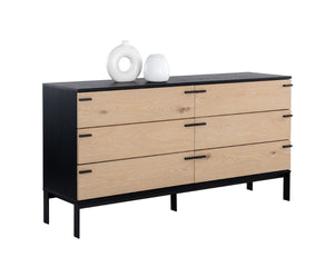 Sunpan ROSSO Dresser – Modern Industrial Black Wood Frame with Rustic Oak Drawers & Matte Iron Legs 108791