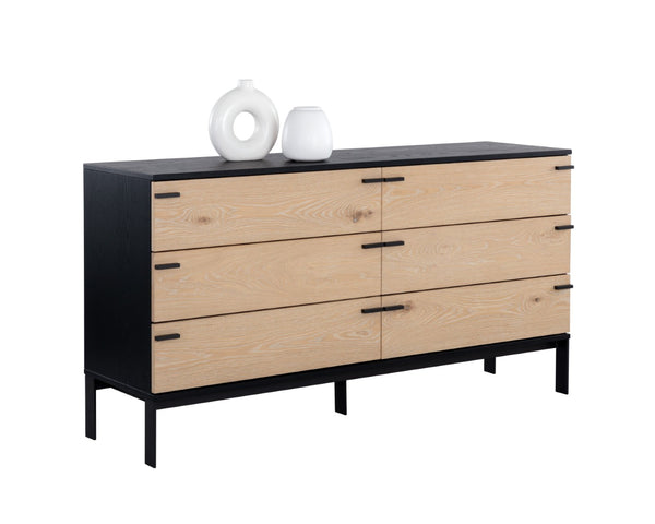 Sunpan ROSSO Dresser – Modern Industrial Black Wood Frame with Rustic Oak Drawers & Matte Iron Legs 108791