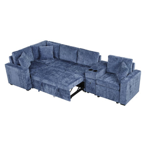 English Elm 120.5" L-shaped Convertible Sofa Bed Modular Sectional with Pull-Out Sleeper, Chenille, Storage, Cup Holders Blue N719S001940C