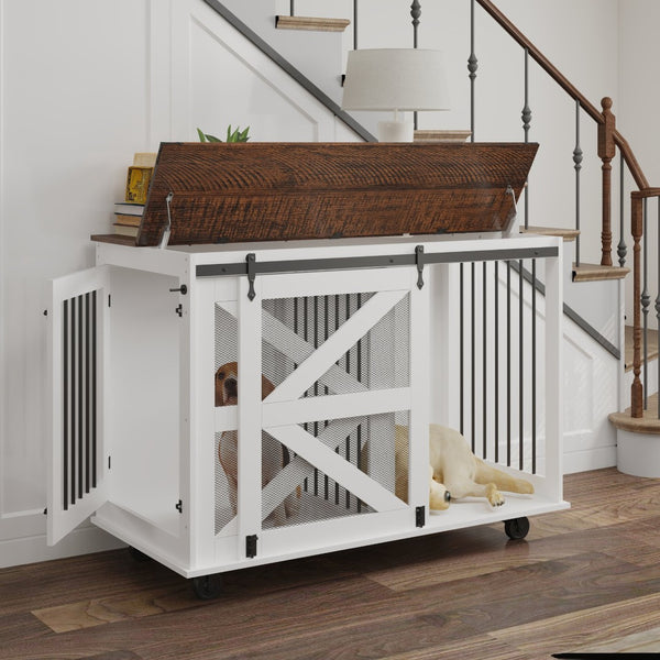 English Elm 47.2" Double Dog Crate Farmhouse Console with Rolling Casters and Barn Doors W2557P330269