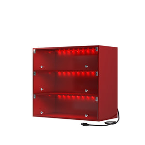 English Elm red LED shoe display cabinet with glass doors, wood frame, color-changing lights, holds 6 pairs remote controlled wall-mountable stackable storage protective sliding doors W1320P183135