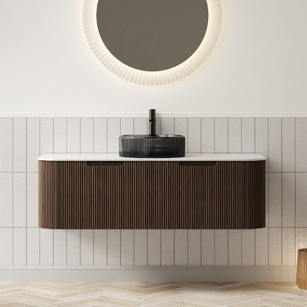 English Elm Dina Floating Bathroom Vanity with Crystal Glass Basin and Sintered Stone Top Black,Carrara White,Walnut W2615S00243