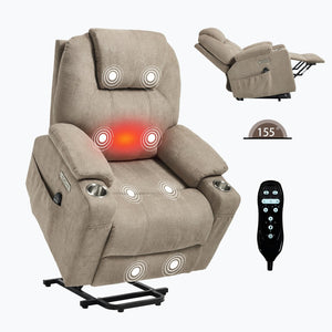 English Elm Up to 350 Lbs Chenille Power Lift Recliner with Massage Heating and Usb Charging Ports Khaki W3224S00026