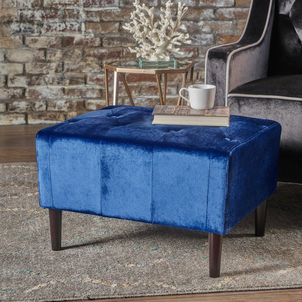 English Elm Christopher Knight Home® - OTTOMAN Tufted Velvet Mid Century Footstool with Buttoned Design, Birch Legs, Plush Seating Accent for Living Rooms Navy Blue 61671.00NBL