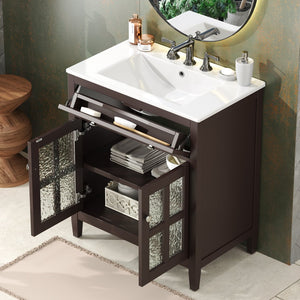 English Elm Christopher Knight Home® - 30" Bathroom Vanity with Ceramic Sink, Solid Wood Legs, Adjustable Shelf, Tip-Out Tray, Soft-Close Hinges, Silver Knobs, Moisture-Resistant Finish Dark Brown N817P286250D