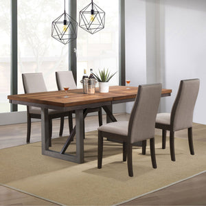 English Elm Holloway Natural Walnut 5-Piece Dining Set with Taupe Upholstery, Expandable Leaf & Rustic Charm B062S01017