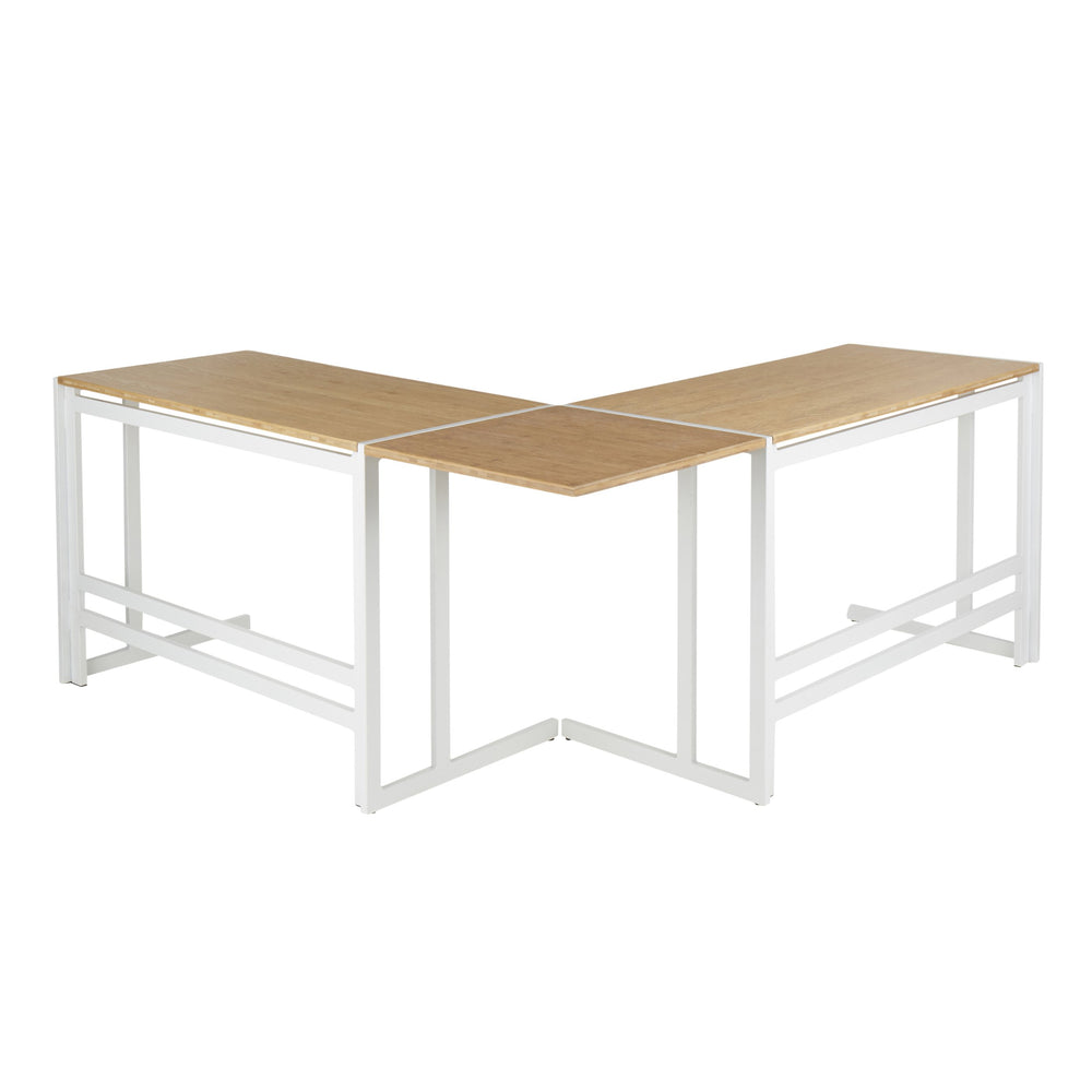 English Elm Roman Industrial L-Shaped Desk in Natural Bamboo & White Metal Frame — Sturdy Rustic Modern Office Setup B202S01356
