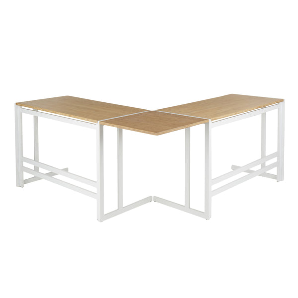 English Elm Roman Industrial L-Shaped Desk in Natural Bamboo & White Metal Frame — Sturdy Rustic Modern Office Setup B202S01356