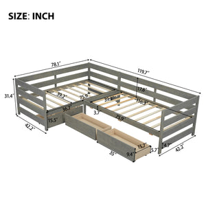 English Elm Twin L-Shaped Platform Bed with Three Spacious Drawers, Solid Pine & MDF, Clean-Lined Design Gray N7090000468E