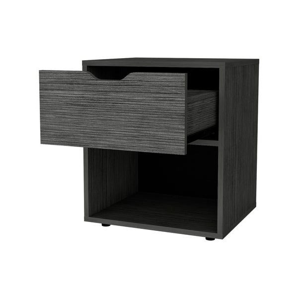 English Elm FM Elliott Nightstand with Drawer & Open Shelf in Light Gray – Modern Durable Particle Board Bedside B128P321065
