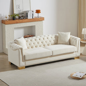 English Elm {video] Tufted Black Velvet Chesterfield Sofa with Gold Studs Three Seat Living Room Beige W1926S00096