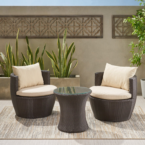 English Elm Christopher Knight Home® - KONO Woven Outdoor 3-Piece Patio Chat Set with Aluminum Frame, Tempered Glass Table, Cushions Brown+Beige 53142.00ALUBRN