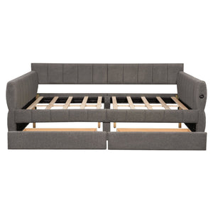 English Elm Queen Lambswool Platform Bed with Usb Charging Armrests and Under Storage Drawers Gray N7500000601E