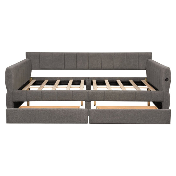 English Elm Queen Lambswool Platform Bed with Usb Charging Armrests and Under Storage Drawers Gray N7500000601E