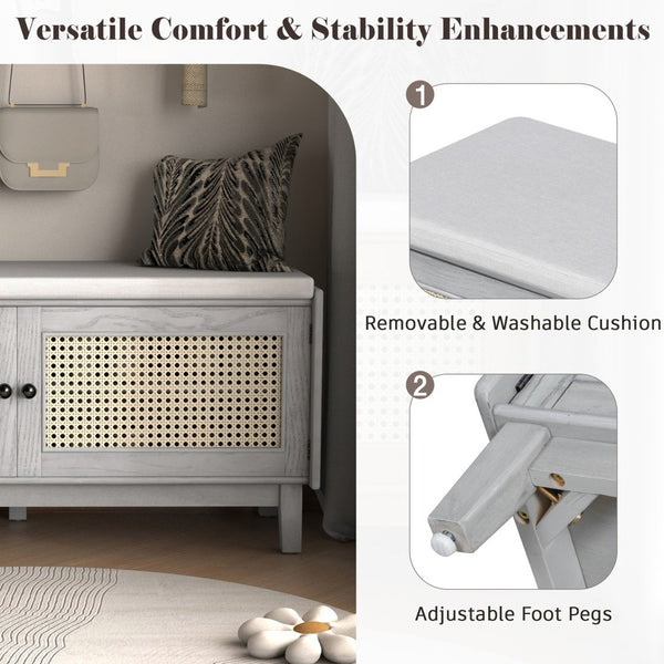 English Elm Trexm Bohemian Rattan Storage Bench Cushioned Seat Shoe Cabinet for Entryway Beige,Gray Wash N715P308012E