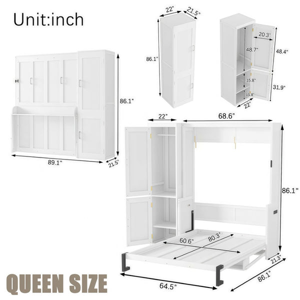 English Elm Queen Murphy Wall Bed with Integrated Desk Gas Strut Lift White Cabinet for Small Spaces W504S00271
