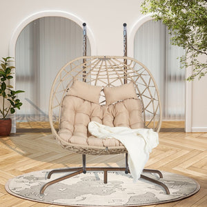 English Elm Double Hanging Egg Chair with Stand Wicker Basket Swing for Patio Balcony 600 Lb W874P270564