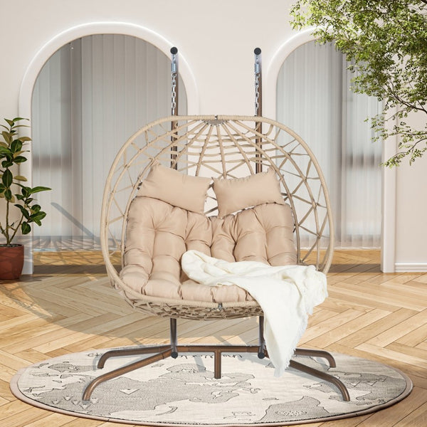 English Elm Double Hanging Egg Chair with Stand Wicker Basket Swing for Patio Balcony 600 Lb W874P270564