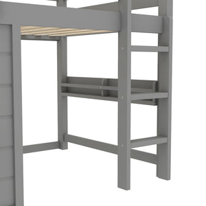 English Elm Twin Loft Bed House Frame with Sliding Chalkboard Built-in Bookshelf and Safety Rails Gray W1580S00320
