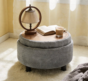 English Elm 25 Inch Round Fabric Pouf Ottoman with Removable Wooden Lid and Hidden Interior Storage Light Grey W5568P461344