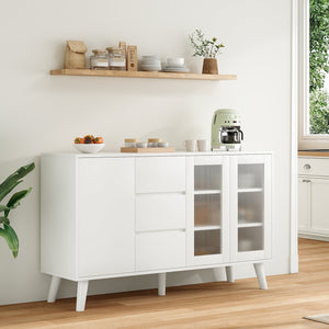 English Elm Farmhouse Buffet Cabinet with Pop-Up Doors and 3 Drawers — Rustic 55.5" Sideboard for Dining Room White T3623P408444