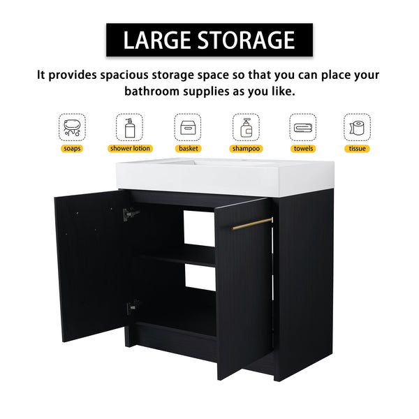 English Elm 84 Inch Freestanding Bathroom Vanity with Integrated Resin Sink, Soft-Close Doors, Shelves & Extra Storage Space Black Chestnut,Glossy White W999S00301