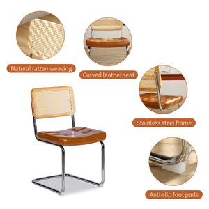 English Elm Dining Mid-Century Cantilever Chairs Set of 2 with Chrome Frame, Rattan Back and Faux Leather Seat Brown W2105P230515