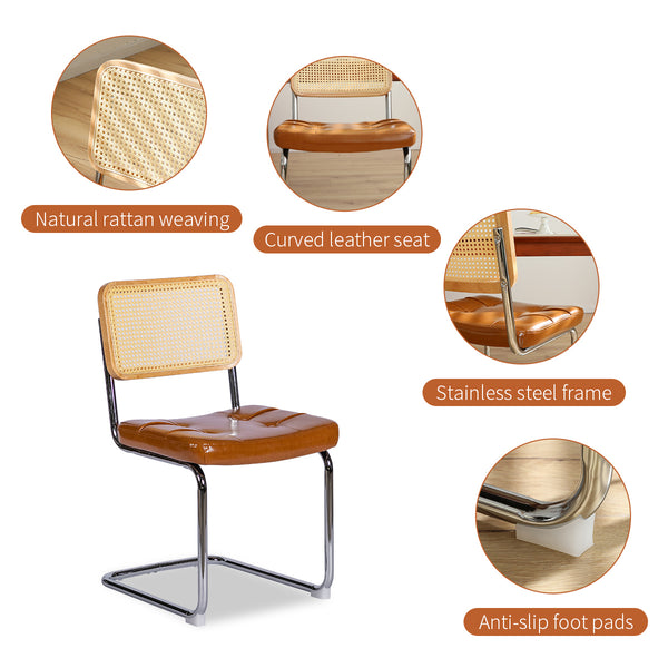 English Elm Dining Mid-Century Cantilever Chairs Set of 2 with Chrome Frame, Rattan Back and Faux Leather Seat Brown W2105P230515