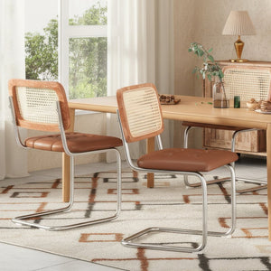 English Elm Kitchen Mid-Century Dining Chairs Set of 2 with Rattan Backrest, Cantilever Aluminum Legs, 300lb Capacity Brown PU T3623P408464