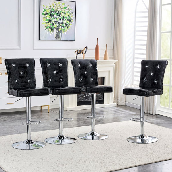 English Elm A Set of 2 Glam Faux Alligator Pvc Barstools with Crystal Buckle Detail Black W1512P491868
