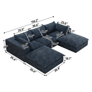English Elm 118.2" Modular Cloud Sofa Corduroy Upholstered Deep Seat Lounge for Living Room Blue W2824S00155