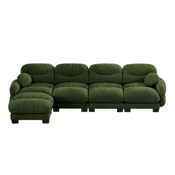 English Elm Pleated Chenille Sectional Sofa with Ottoman Ergonomic Foam Curved Armrests Living Room Green W5656S00053