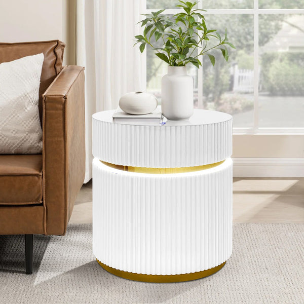 English Elm Tivoli Round Glass Top Side Table with Led Reeded Base and Gold Trim Accent B2749P413290